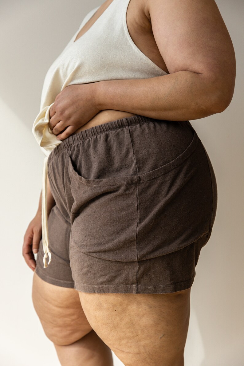 Hemp Lounge Short, Genderless Clothing, Plant dyed Pocket Shorts, Dark Brown Tie Pants image 7