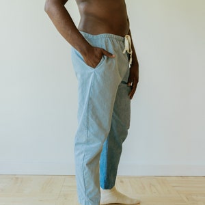 Hemp Linen Pants, Color-Block Blue Trousers, Organic Elastic Tie Pant, Indigo Tapered Leg Slacks image 4