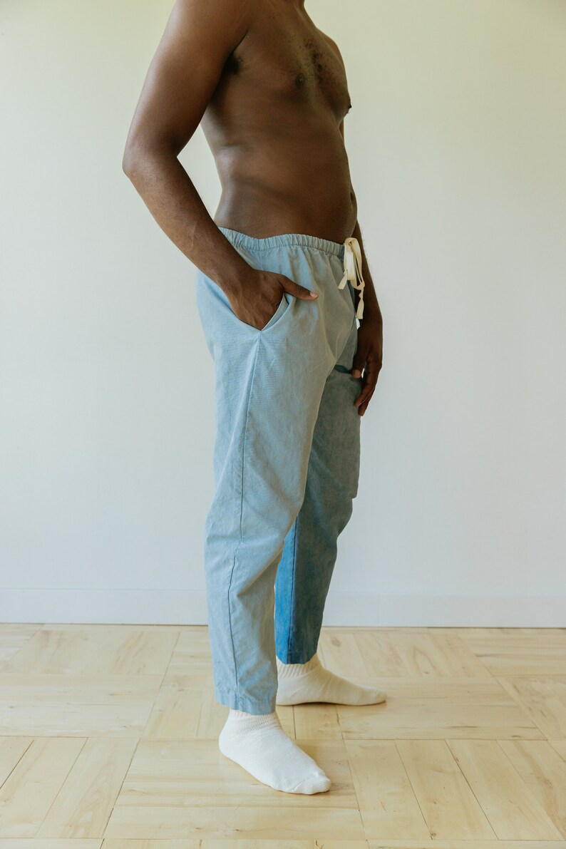 Hemp Linen Pants, Color-Block Blue Trousers, Organic Elastic Tie Pant, Indigo Tapered Leg Slacks image 4