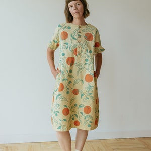Organic Oranges Dress, Button Front Dress, Citrus Print Hemp Linen Tunic with pockets image 3