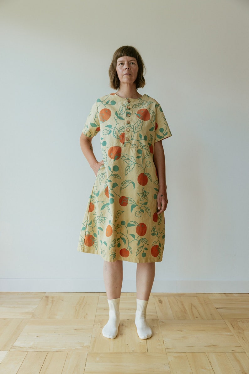 Organic Oranges Dress, Button Front Dress, Citrus Print Hemp Linen Tunic with pockets image 1