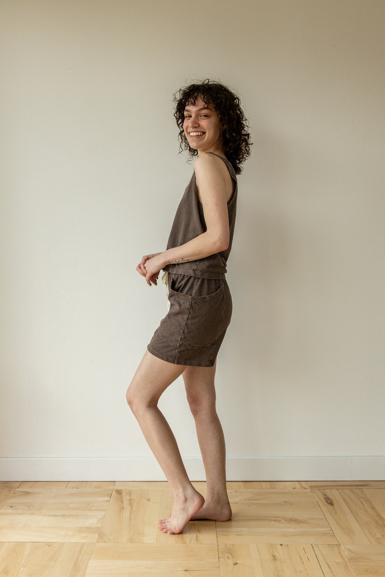 Hemp Lounge Short, Genderless Clothing, Plant dyed Pocket Shorts, Dark Brown Tie Pants image 3
