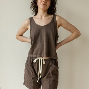 Hemp Lounge Short, Genderless Clothing, Plant dyed Pocket Shorts, Dark Brown Tie Pants image 4