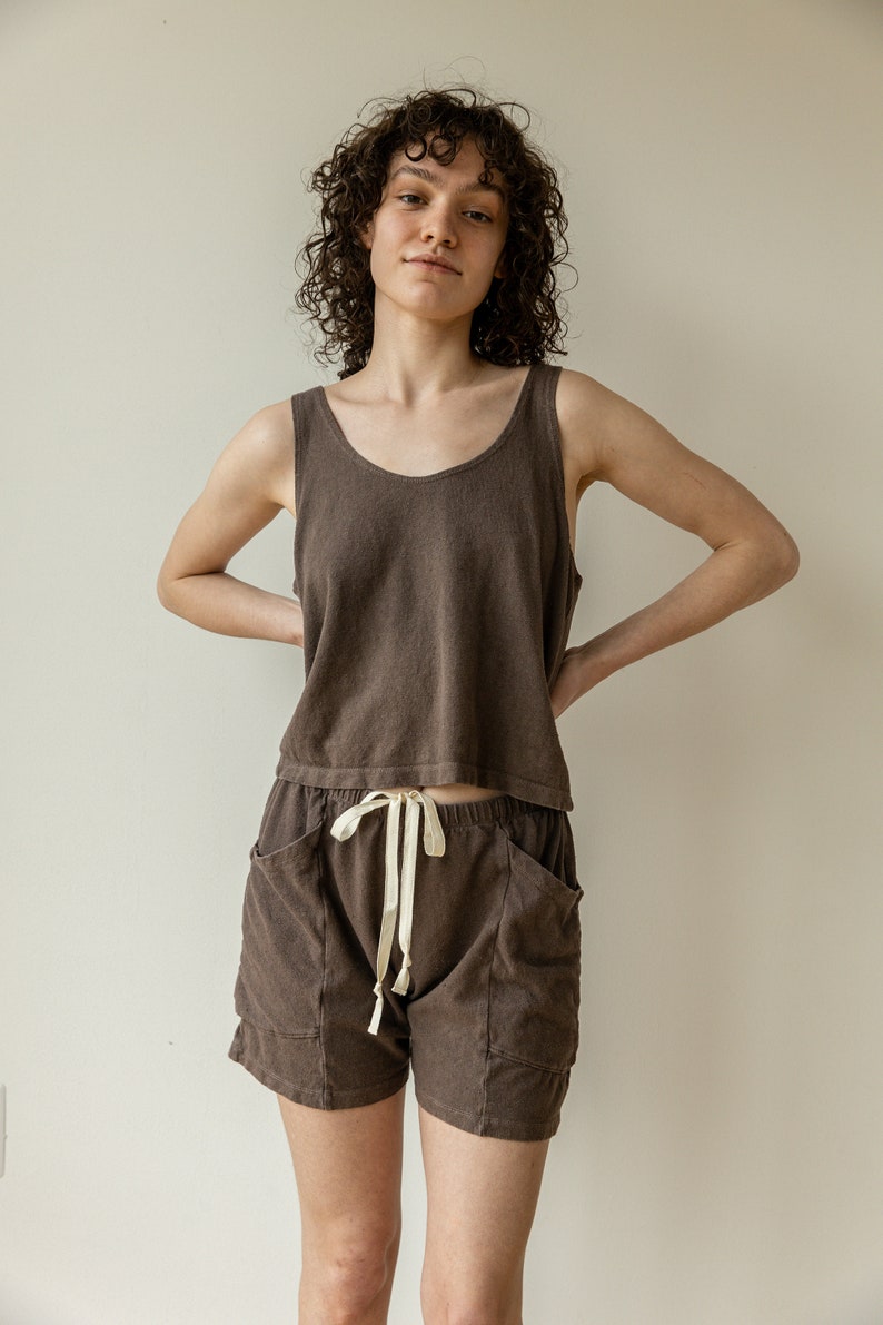 Hemp Lounge Short, Genderless Clothing, Plant dyed Pocket Shorts, Dark Brown Tie Pants image 4