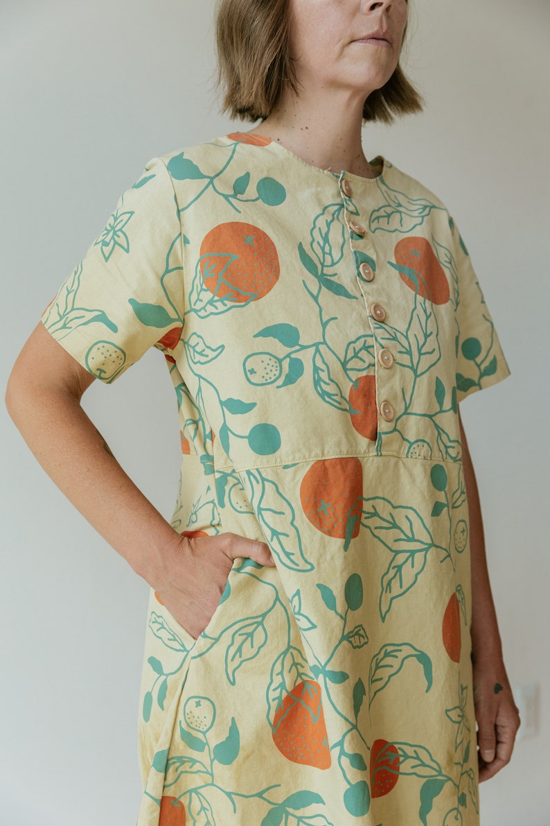 Organic Oranges Dress, Button Front Dress, Citrus Print Hemp Linen Tunic with pockets image 6