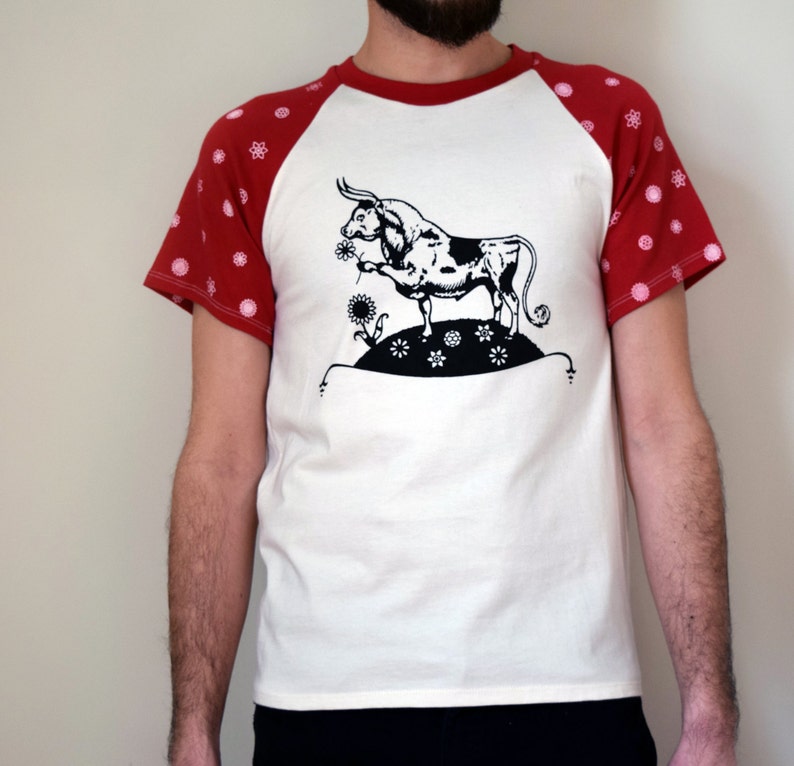 Ferdinand T-Shirt, Organic Cotton Ferdinand the Bull Shirt, Raglan Unisex Tee, Red and White Floral Print image 1