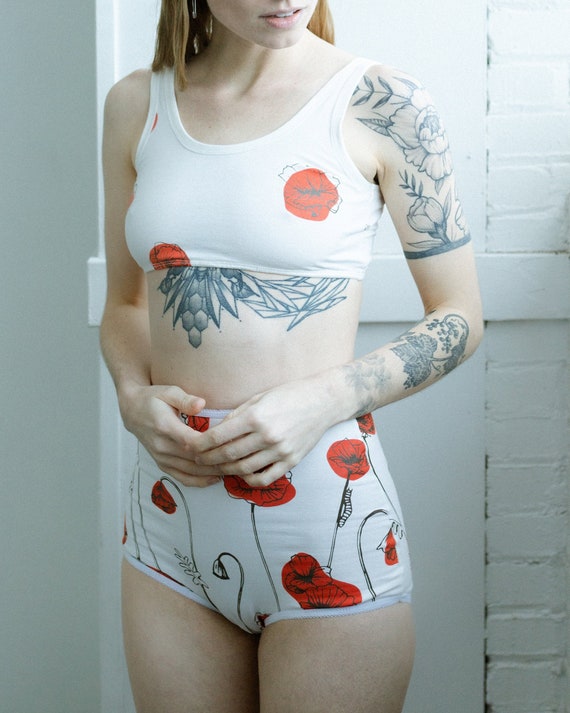 Organic Underwear, High Waisted Womens Panties, Mid-rise, Poppies Pattern  Undies, Matching Underwear Set 