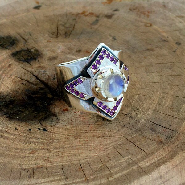 Men statement ring. Gemstone ring, Heavy Metal Rock Biker Ring, Men ring with stones, Silver ring with stones, Moonstone amethysts ring
