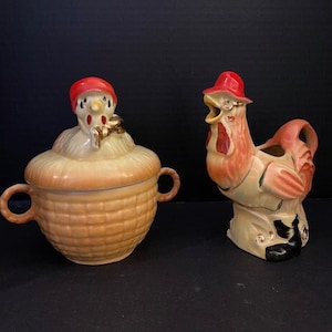 Vintage Creamer And Sugar Bowl, Rooster Creamer And Sugar Bowl, Vintage Regal China Old MacDonald, Creamer, Sugar Bowls And Creamer, Chicken