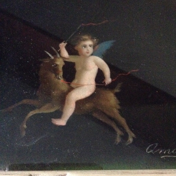 Reserved For Rebecca Fresco, Antique Oil Painting, Cherubs Riding Goats,Cherubs, Italian Painting, Fresque De La Maison De Cicerani Pompeii,