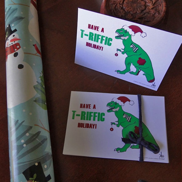 Zombie T-Rex T-Riffic Holiday Postcard 10 pack, Limited Edition, 100% Recycled Christmas Post Card, Dinosaur Card, Funny Holiday Card