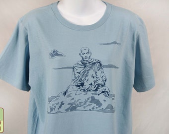 SALE!! Sky Buddha Eco Friendly Organic Cotton Tee, Sitting Buddha T-Shirt, Spiritual, Peace, Zen, Yoga Tee, Meditation, Namaste, Sky Blue