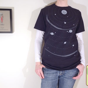 Sale Solar System Eco-Friendly Organic Cotton Tee, Outer Space T-Shirt, Planets, Cosmos, Science, Black and White image 1