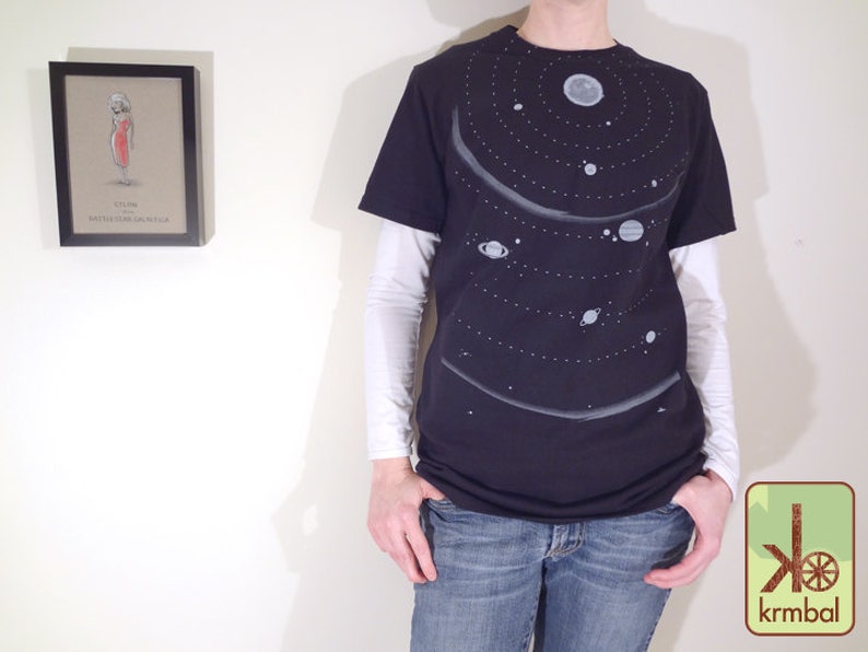 Sale Solar System Eco-Friendly Organic Cotton Tee, Outer Space T-Shirt, Planets, Cosmos, Science, Black and White image 1