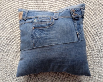 Blue Jean Pillow Covers Denim Patchwork  Upcycled Jeans Fully Lined Blue Jeans Pocket Pillow Covers 16" x 16" Blue Jean