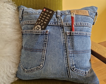 Funda de Cojín de Vaquero Upcycled, Funda Almohada Jeans Patchwork, Cojín Boho de Mezclilla Reciclada con Bolsillos, Decoración Eco Regalo