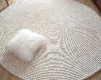 Handmade Round Wool Rug, White Beige Minimalist Boho Carpet, Custom Size Home Decor