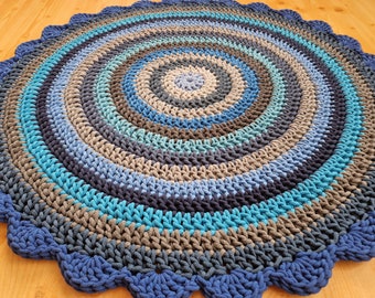 Handmade Round Wool Rug, Blue Coastal Style, Floor Mat