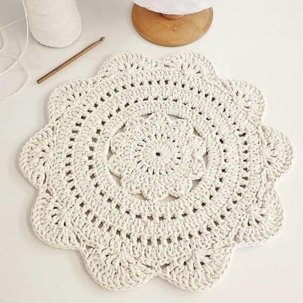 Hecho a mano algodón Chunky Crochet Crema Rug/Crochet Nursery Rug/Skandinavische Teppich/Floor Rugs/Carpet/Rund Alfombra Trapillo