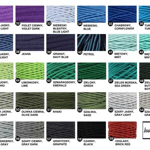 May include: A chart displaying 59 different colours of cotton cord, each colour is labelled with a number and a Polish name, and an English translation. The colours are arranged in rows of three, with the first row being violet light, violet dark, and light blue. The second row is jeans light, jeans, and navy blue. The third row is pistachio, lime, and emerald. The fourth row is olive light, olive dark, and khaki. The fifth row is sage, light grey, and grey. The sixth row is silver grey, dark grey, and graphite. The seventh row is black, brick red, and a white label with the text "Anuszka Design".