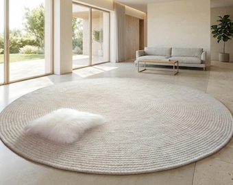 Round Braided Natural Wool Area Rug, Custom Boho Carpet