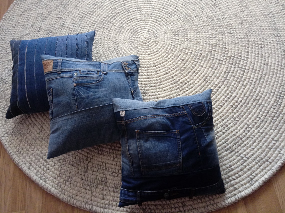 Blue Jean Pillow Covers Denim Patchwork Upcycled Jeans Fully Etsy