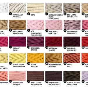 May include: A colour chart of 30 different colours of cotton cord, with Polish names and English translations. The colours are arranged in rows of three, with each colour having a number and a name in both Polish and English.
