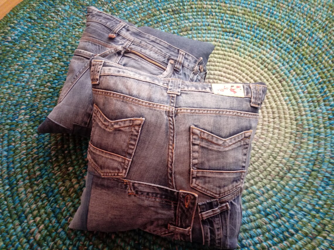 Blue Jean Pillow Covers Denim Patchwork Upcycled Jeans Fully Etsy
