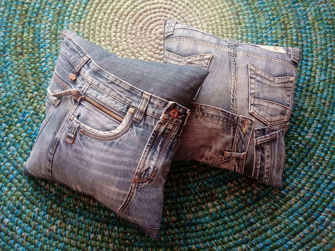 Blue Jean Pillow Covers Denim Patchwork Upcycled Jeans Fully Etsy