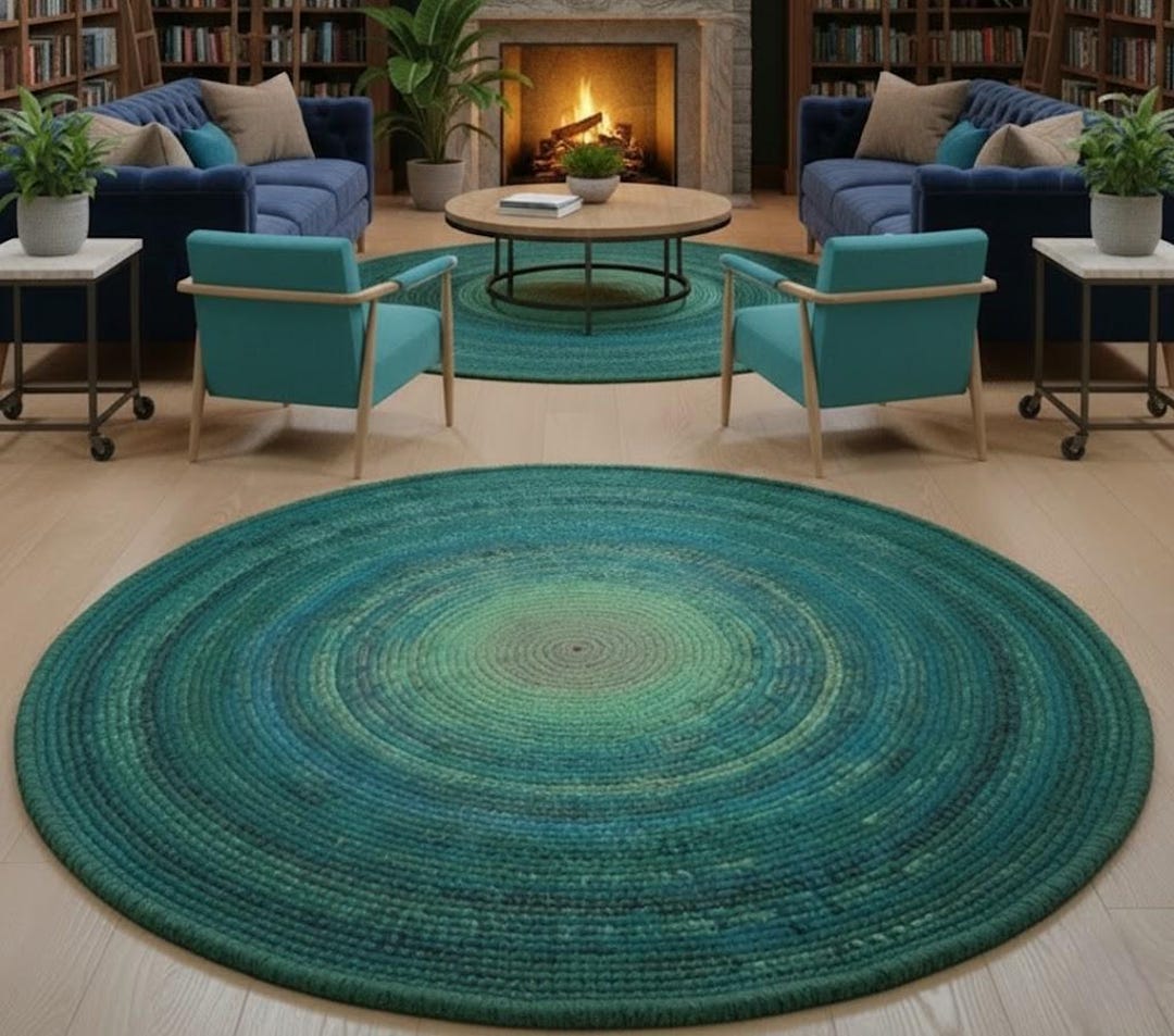 Round Wool Rug Handmade | Green, Turquoise Teal Carpet | Custom Sizes ...