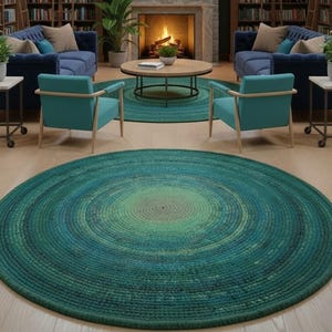Op de afbeelding: Een groot, rond tapijt met een spiraalvormig ontwerp in tinten groen en blauw. De concentrische cirkels van het tapijt creëren een gradiënteffect, van een lichter midden naar een donkerdere buitenrand. Het tapijt bevindt zich in een woonkamer.