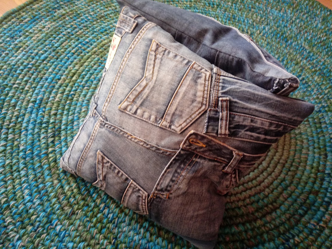 Blue Jean Pillow Covers Denim Patchwork Upcycled Jeans Fully Etsy