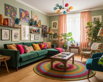 Handgemaakt rond wollen vloerkleed: kleurrijke kinderkamer, moderne stijl