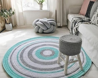 Handmade Cotton Chunky Rug/Mint White Gray Carpet/Crochet Nursery Rug/Skandinavische Teppich/Floor Rugs/Carpet/Rund Alfombra Trapillo