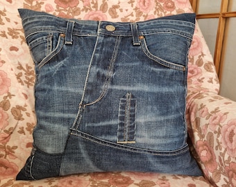 Funda de almohada de mezclilla reciclada con bolsillos funcionales – Funda de cojín boho sostenible