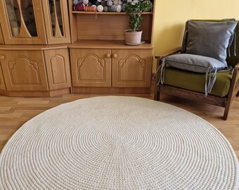 Handgefertigter Runder Wollteppich • Weißer Gehäkelter Teppich • Boho Scandi Deko