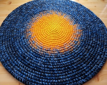 Handmade Round Wool Rug, Modern Blue & Gold Crochet Rug