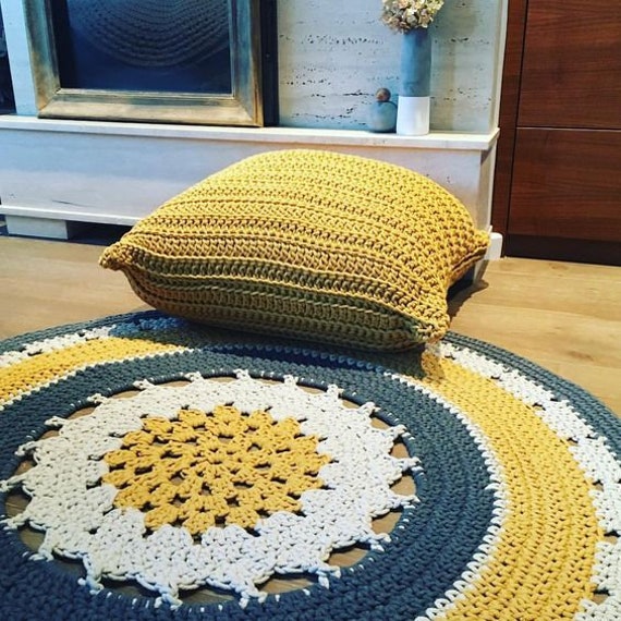 Handmade Cotton Chunky Crochet Doily Round Gray Yellow Rug/nursery