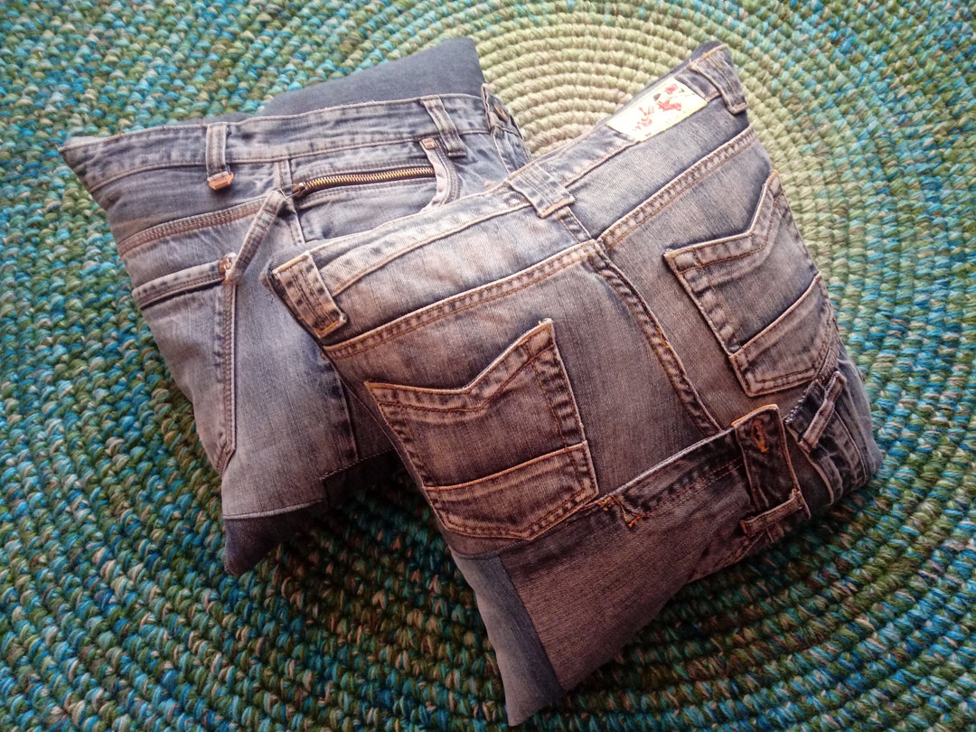 Blue Jean Pillow Covers Denim Patchwork Upcycled Jeans Fully Etsy