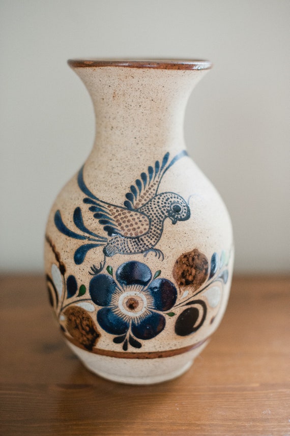 Mexican Folk Art Ceramic Pottery Vase With Bird And Floral Slip Decoration