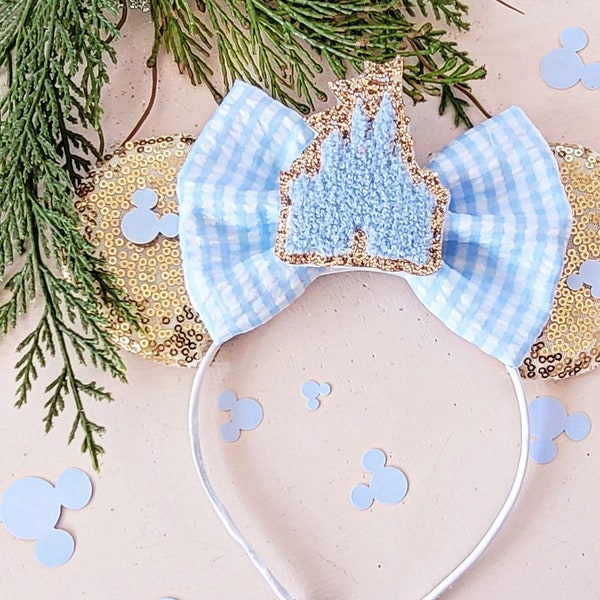 Baby Blue and gold Patch Ears Gingham check Patch Main Street Minnie Ears, patch ears designer ears Trendy Disney Inspired Womens