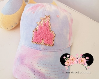 Pastel Tie Dye Womens Baseball Cap, Chenille Castle Cinderella Castle glitter Patch Tie Dye Womens Trendy  Disney Inspired Womens Cap