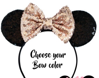 Sequin gold minnie ears, rosegold  minnie mouse ears, silver minnie mouse headband, choose bow color Minnie ears