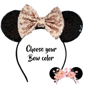 Sequin gold minnie ears, rosegold  minnie mouse ears, silver minnie mouse headband, choose bow color Minnie ears