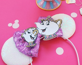 Princess Mrs Potts and Chip Beauty and the Beast Inspired sequin minnie ears, minnie mouse ears, minnie mouse headband