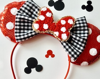 Red and white sequin polka dot minnie ears, minnie mouse ears, minnie mouse headband