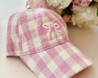 Tweed Check bow baby pink Baseball Cap, denim Womens Trendy Unisex Disney Inspired Womens Cap Unisex