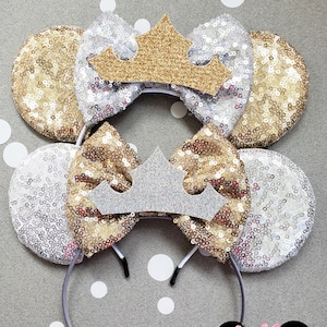 Metallic Silver Gold Crown Princess Cinderella sequin minnie ears, minnie mouse ears, minnie mouse headband