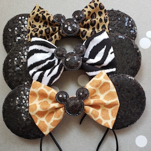 Oreilles Animal Kingdom à sequins de luxe, oreilles de Minnie Animal Kingdom, oreilles de Minnie mouse à imprimé léopard, oreilles de Mickey guépard, oreilles à imprimé zèbre