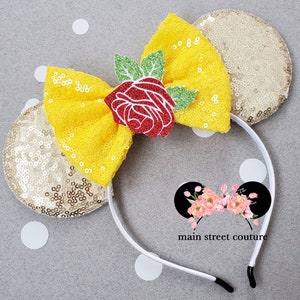 Princess Gold and Yellow inspired Beauty Belle Beast Rose Inspired sequin minnie ears, minnie mouse ears, minnie mouse headband